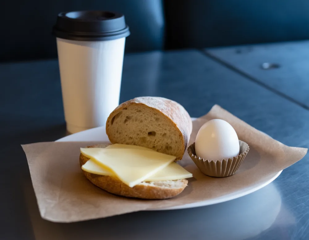 A halved bread roll with butter and cheese on greaseproof paper next to a boiled egg and a paper coffee cup